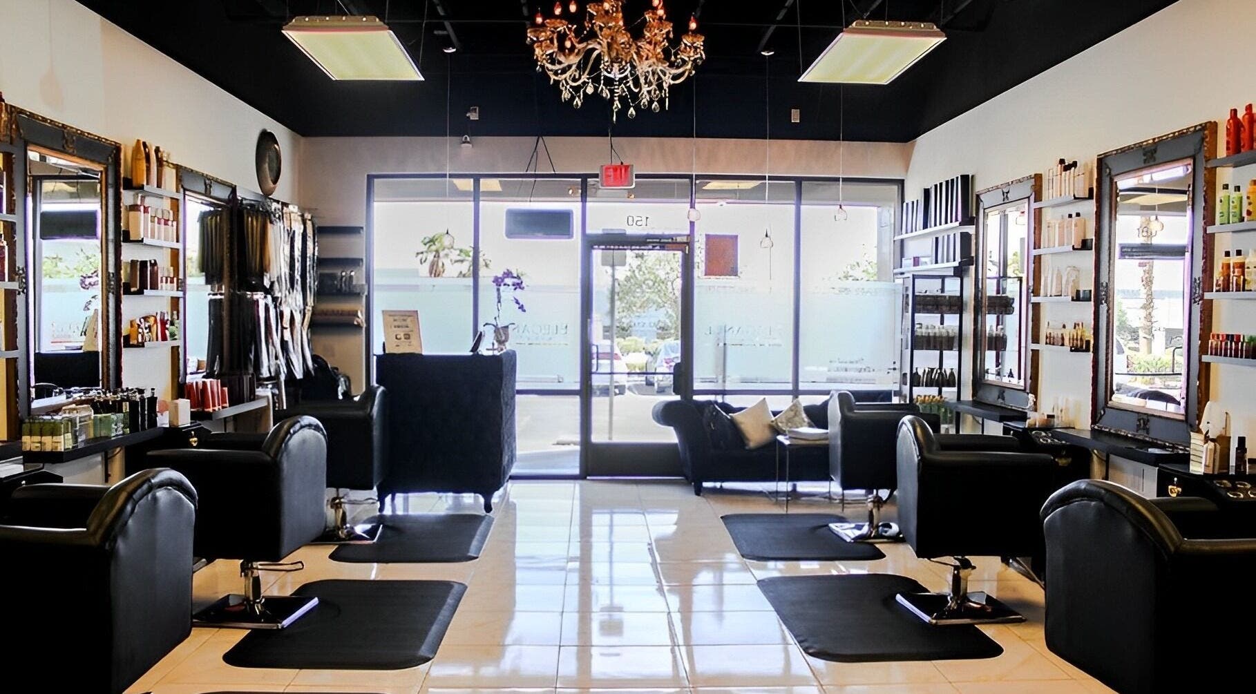 Interior of Elegance Salon & Beauty Supply in Henderson, Nevada, US, showcasing stylish salon chairs and products.