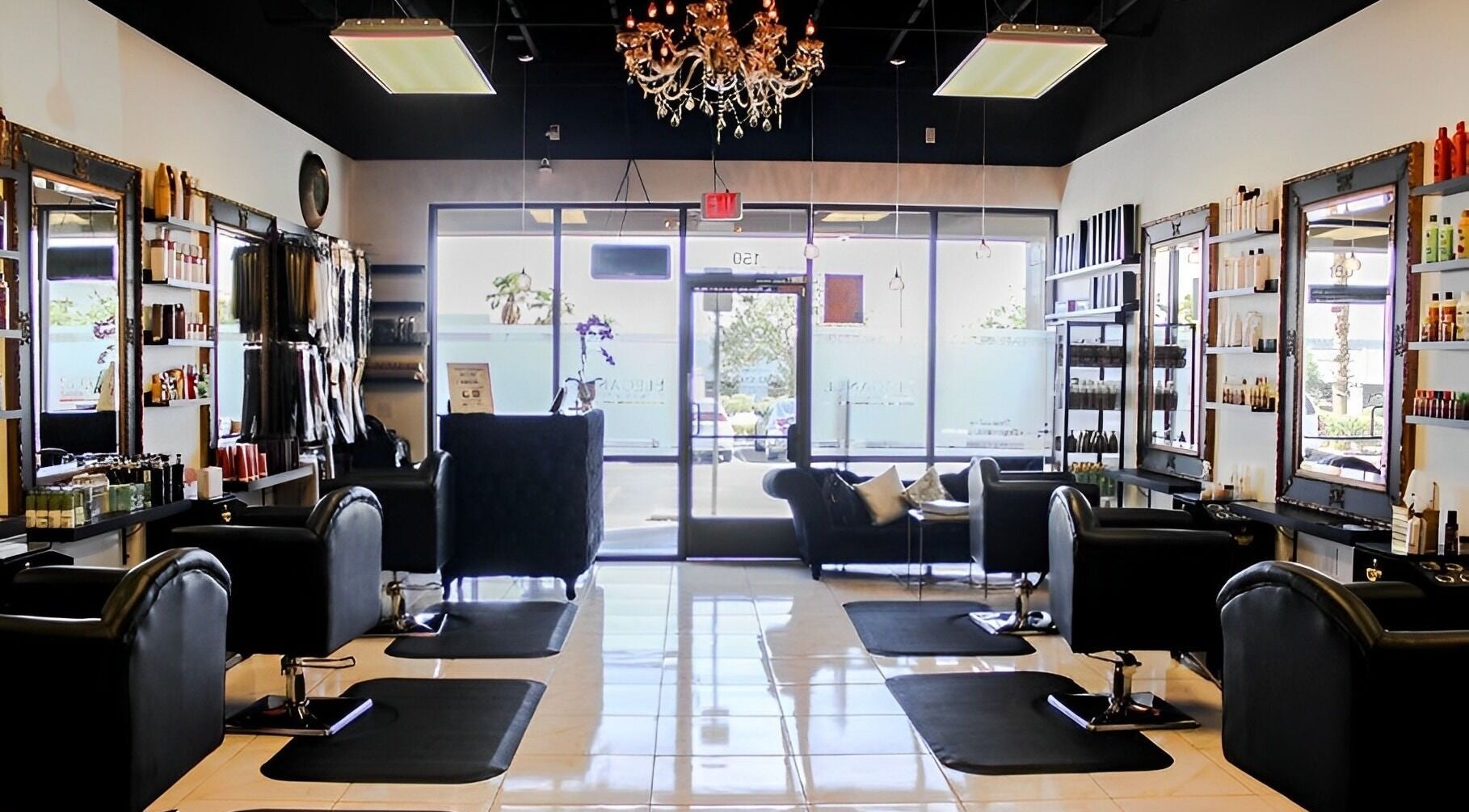 Interior of Elegance Salon & Beauty Supply in Henderson, Nevada, US, showcasing stylish salon chairs and products.