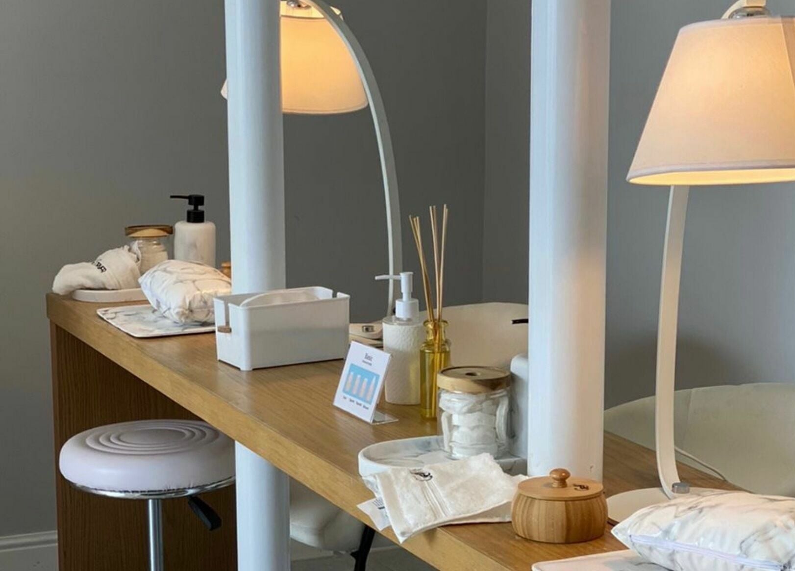 Elegant manicure setup at Grey Corner Salon, Al Mubarraz, Eastern Province, SA with cozy lighting.