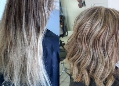 Transformed hairstyle at E-Creations Beauty Salon, Jeffreys Bay, Eastern Cape, ZA showcasing long to chic waves.