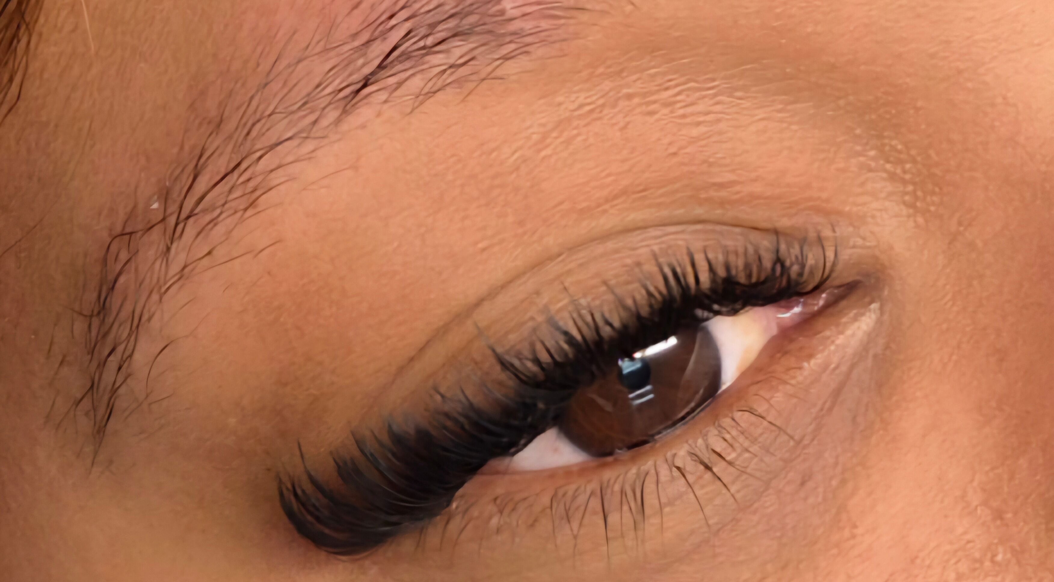 Close-up of eyelash extensions at E-Creations Beauty Salon in Jeffreys Bay, Eastern Cape, ZA.