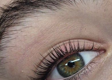 Close-up of professionally enhanced eyelashes at E-Creations Beauty Salon, Jeffreys Bay, Eastern Cape, ZA.