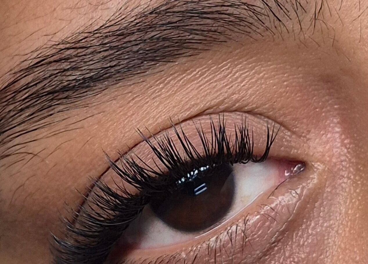 Close-up of expertly enhanced eyelashes at E-Creations Beauty Salon, Jeffreys Bay, Eastern Cape, ZA.