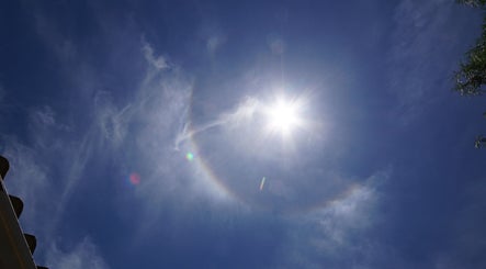 Bright sunny sky seen above Otjiwarongo Hadassa Guesthouse in Otjiwarongo, Otjozondjupa Region, NA.