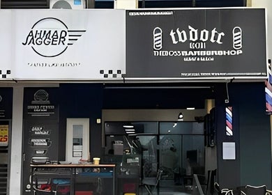 Tbdotc Barbershop front view in Sungai Buloh, Selangor, MY showcasing modern signage and design.