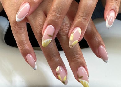 Stylish nail art featuring pink and white designs at Polished By Sam, Bracknell, England, GB.