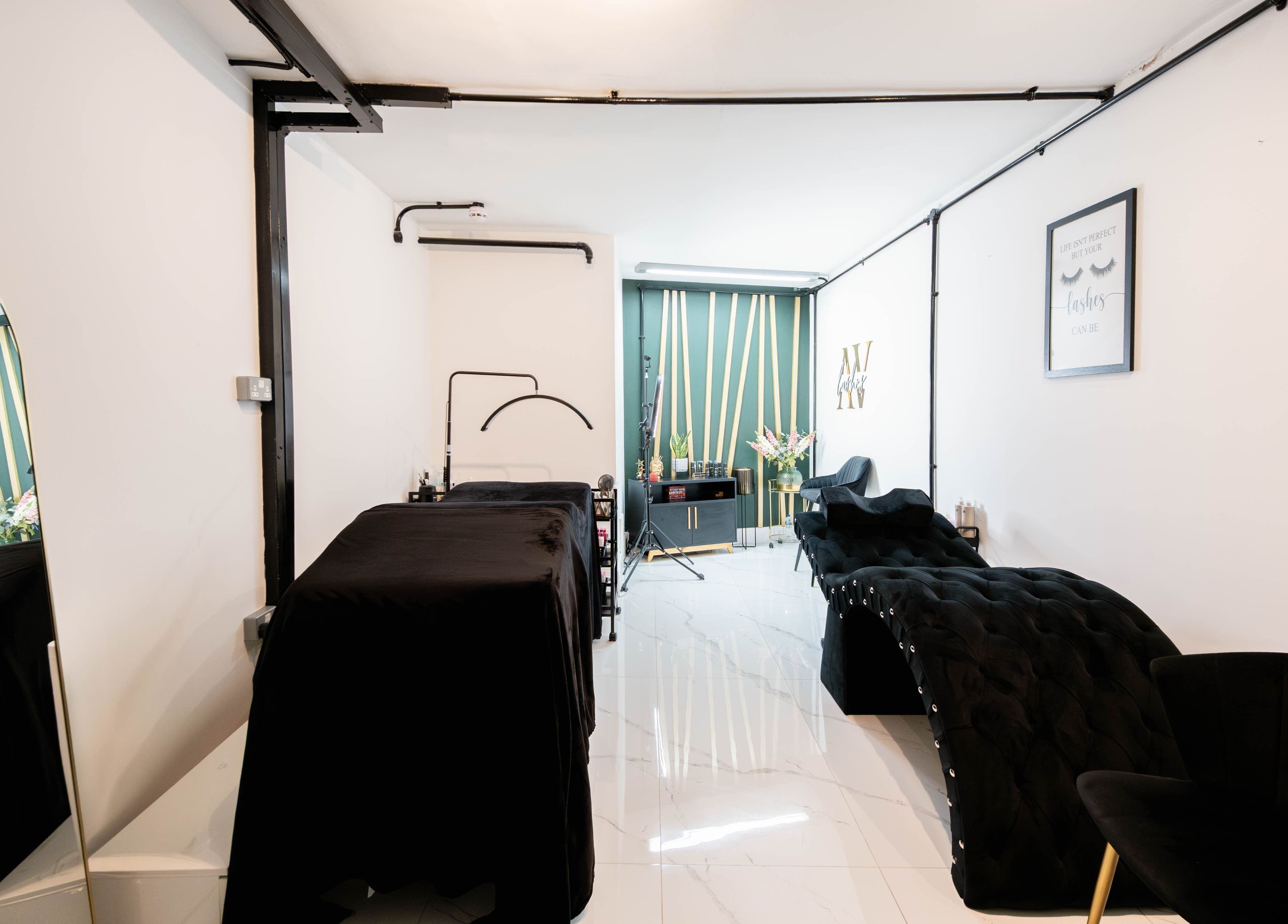 Elegant beauty treatment room at AV Lashes London, featuring chic decor in London, England, GB.