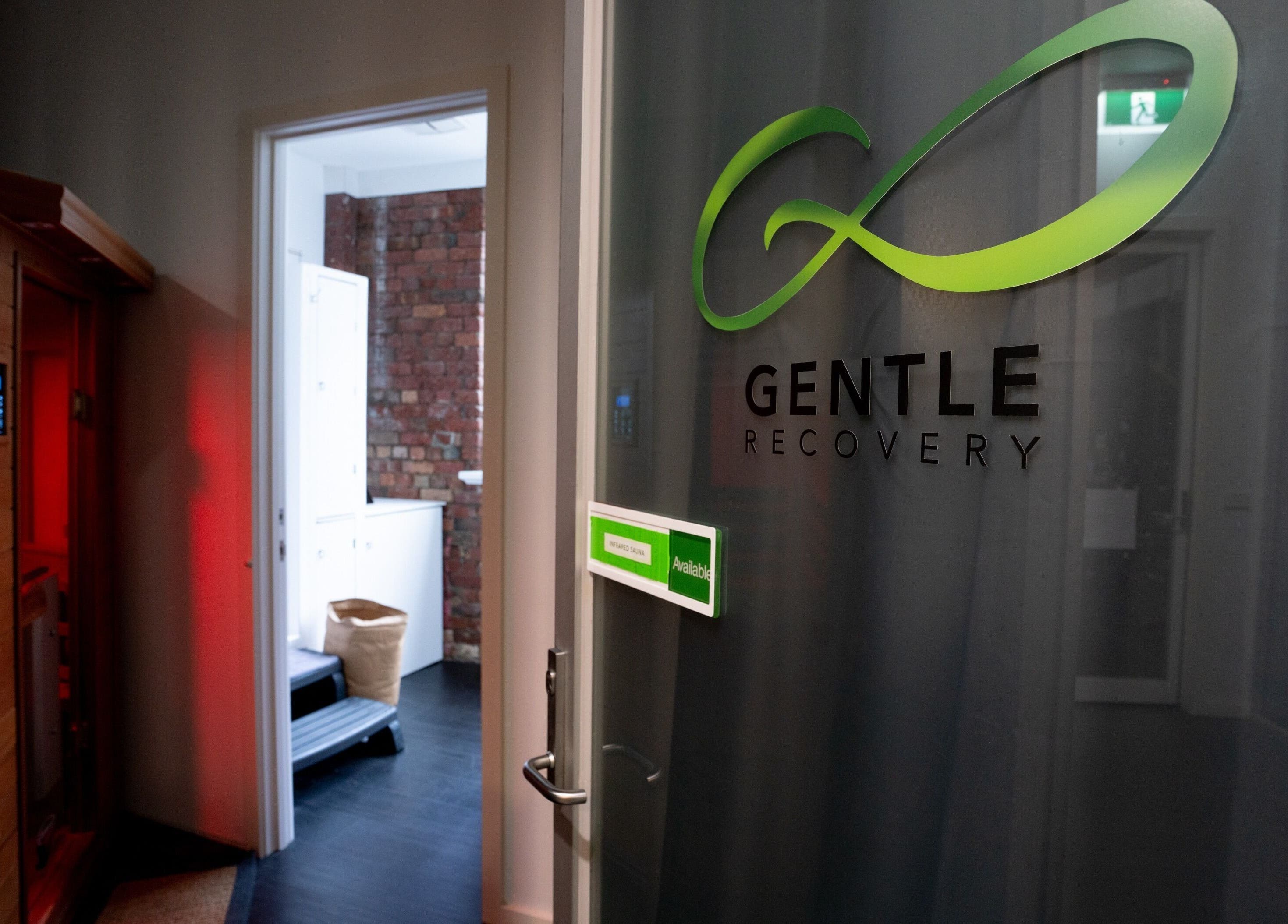 Entrance to Gentle Recovery sauna in South Melbourne, VIC, AU, with inviting warm tones and modern design.