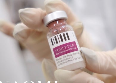 A gloved hand holding Sculptra vial at Naomi Laser and Skin Clinic, Mascot, New South Wales, AU.