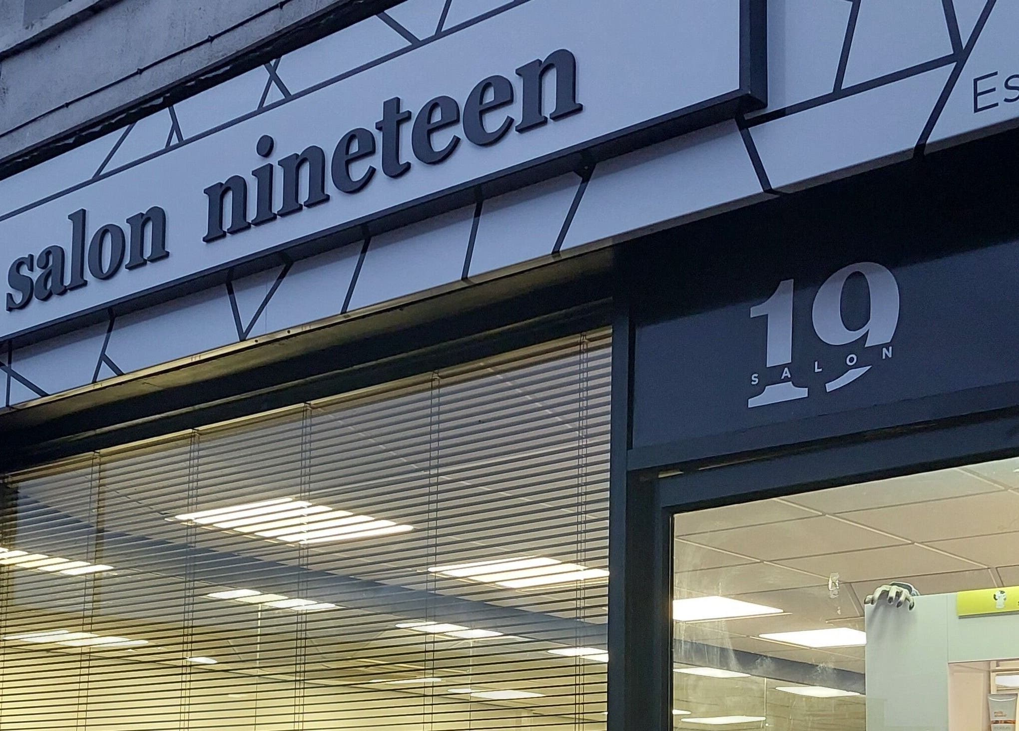 Exterior of Salon19 Coleraine in Coleraine, Northern Ireland, GB featuring modern signage and window.