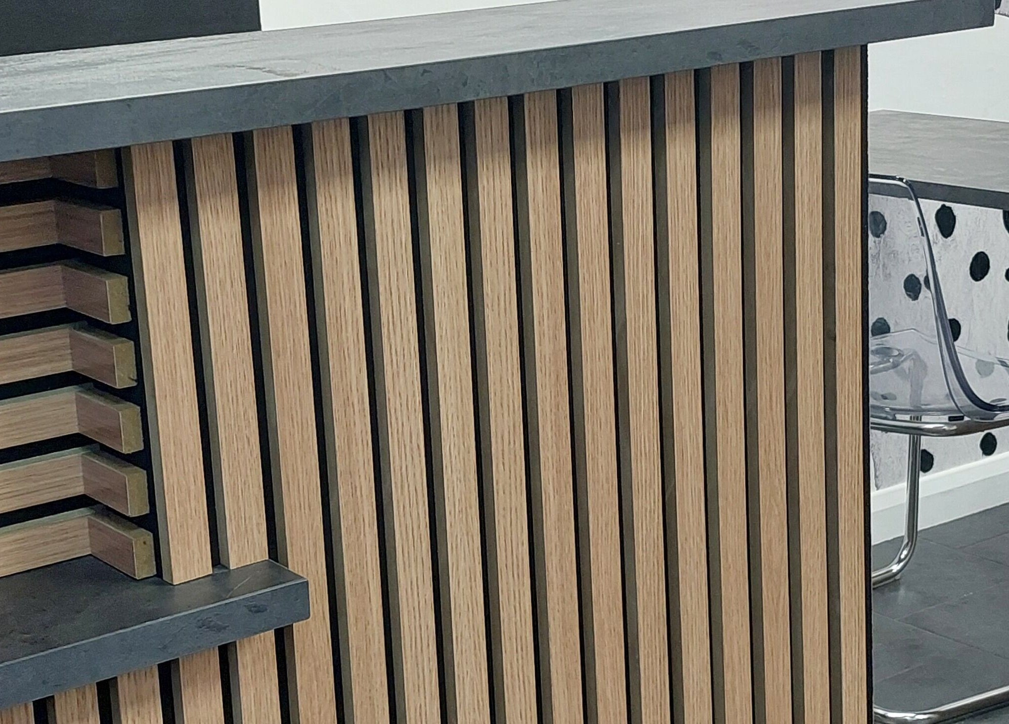 Modern wooden reception desk at Salon19 Coleraine, Coleraine, Northern Ireland, GB.