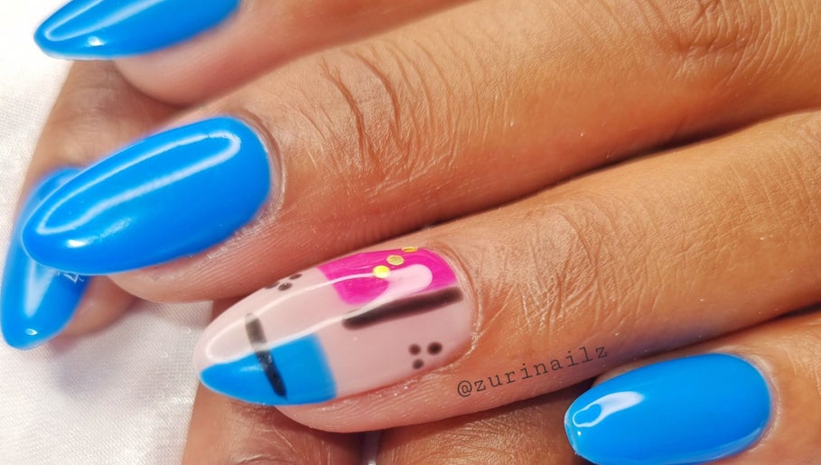 Bright blue and pink nail art at Zuri Nails - Kimberley, Rhodesdene, Northern Cape, ZA.