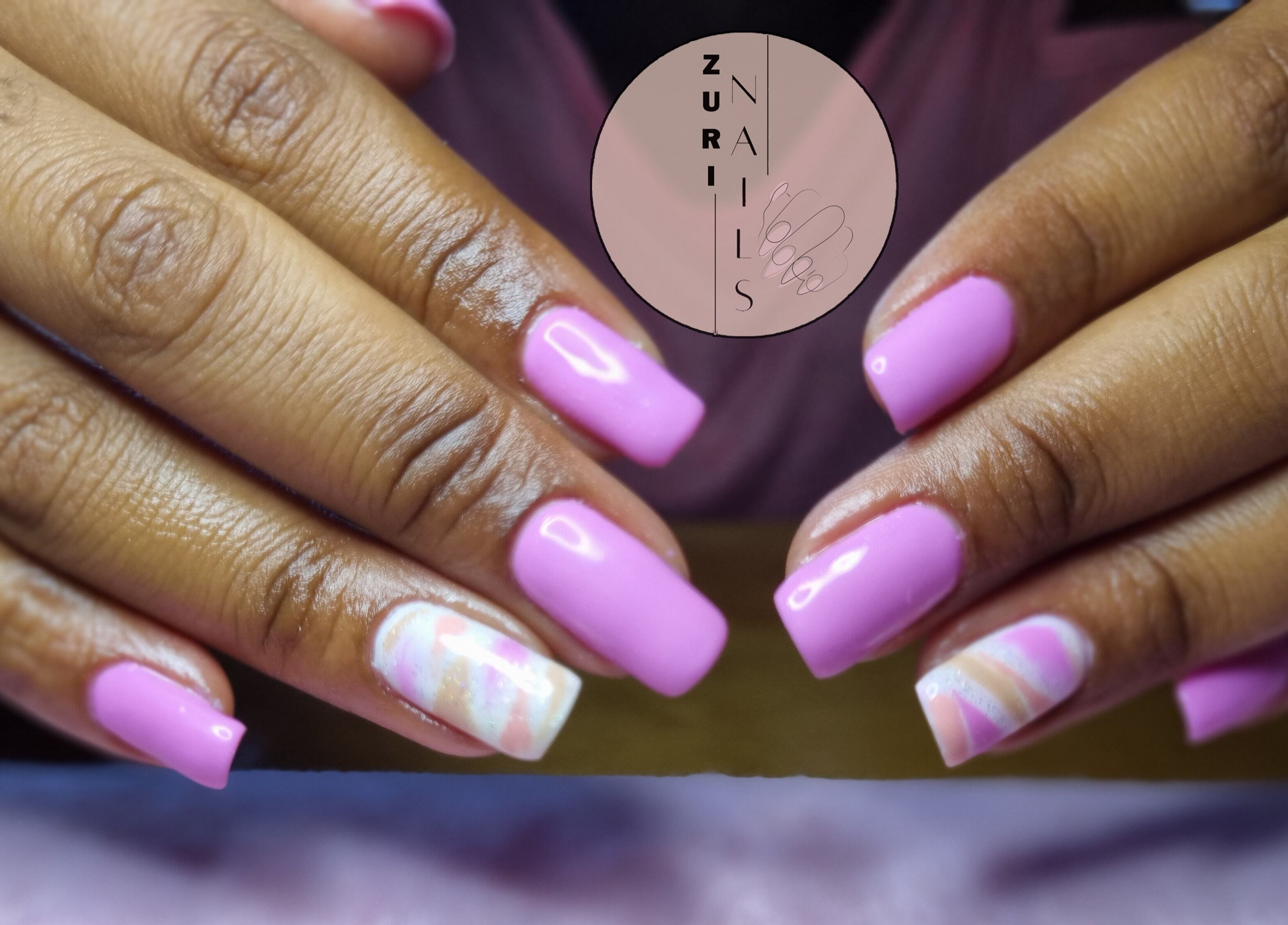 Glossy pink nails with unique design at Zuri Nails - Kimberley, Rhodesdene, Northern Cape, ZA.