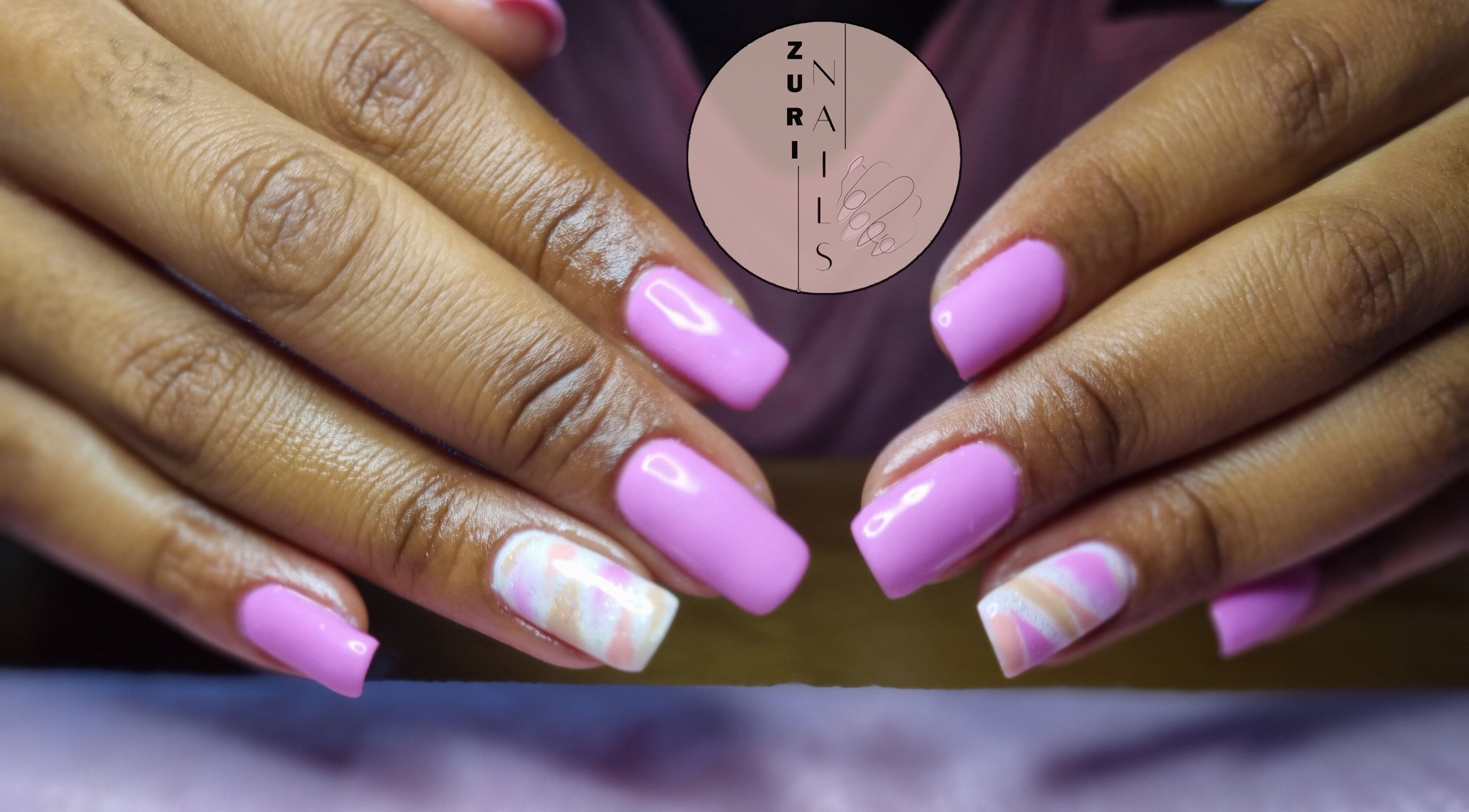 Glossy pink nails with unique design at Zuri Nails - Kimberley, Rhodesdene, Northern Cape, ZA.