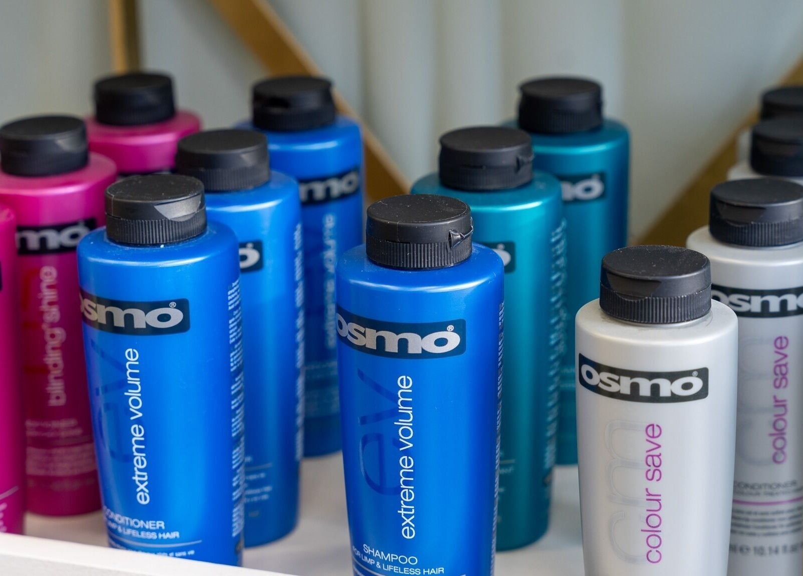 Array of Osmo haircare products at Salon 24 Hadley Wood in Barnet, England, GB enhancing hair beauty.