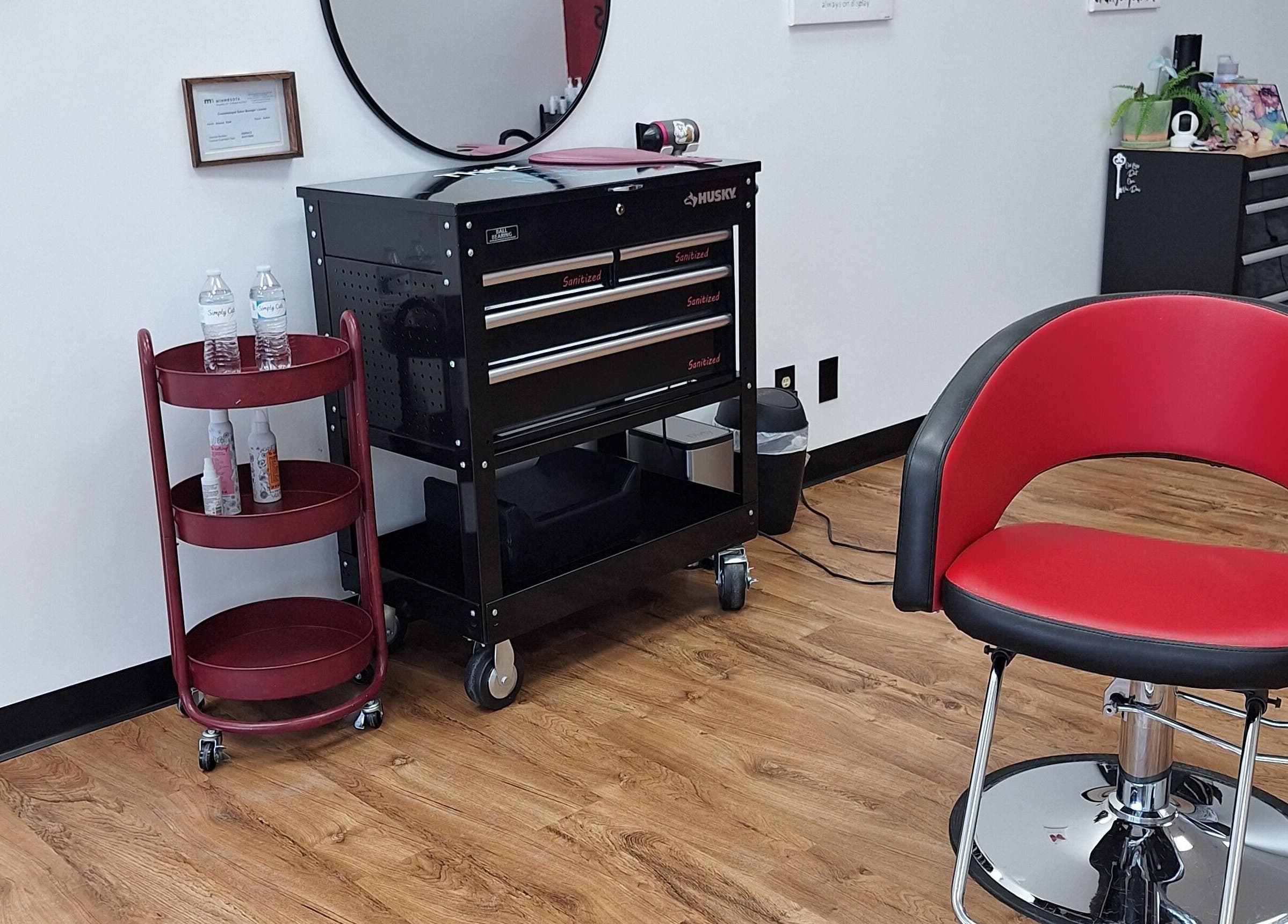 Simply Cuts salon interior with styling chair and organizer at Forest Lake, Minnesota, US.