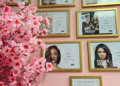 Certificates on pink wall with cherry blossoms at Keda Beauty Empire, Siparia, Siparia Regional Corporation, TT.