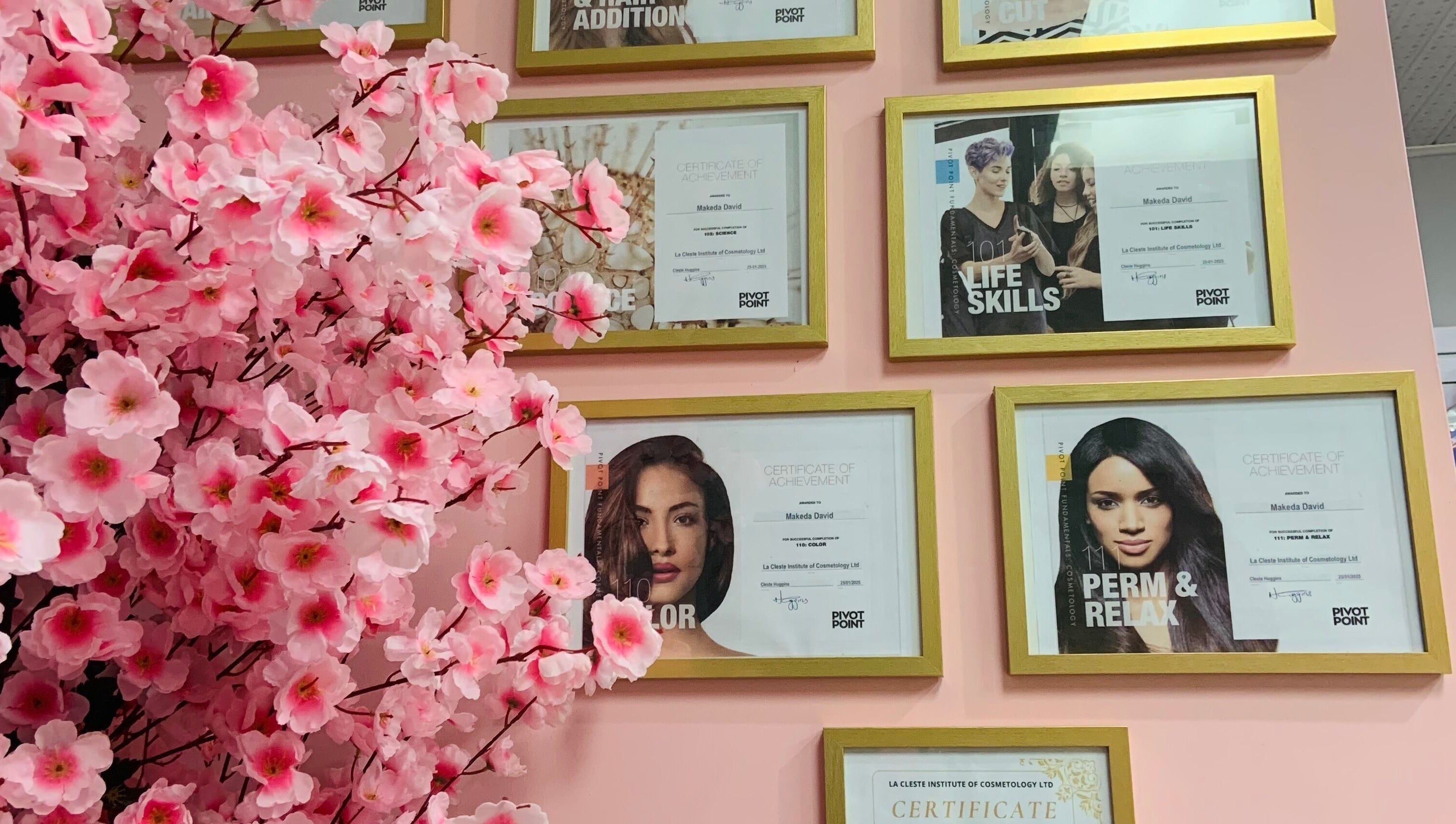 Blossoming decor and certificates at Keda Beauty Empire, Siparia, Siparia Regional Corporation, TT.