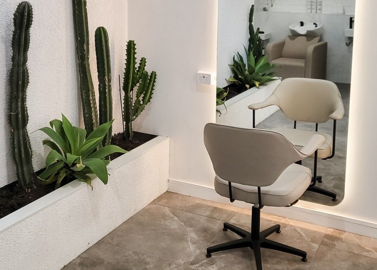 Modern salon chair and mirror at Maiden Hair Extensions, Kilsyth, VIC, AU with stylish cactus decor.