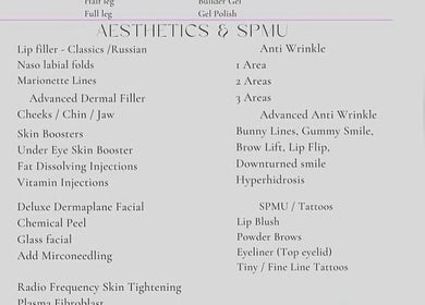 Service menu at HJ Beauty offering aesthetics in Warrington, England, GB.