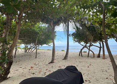 Relaxing beach massage setup by Mobile Treatments in Saint Michael, Saint Michael, BB, under lush tropical trees.