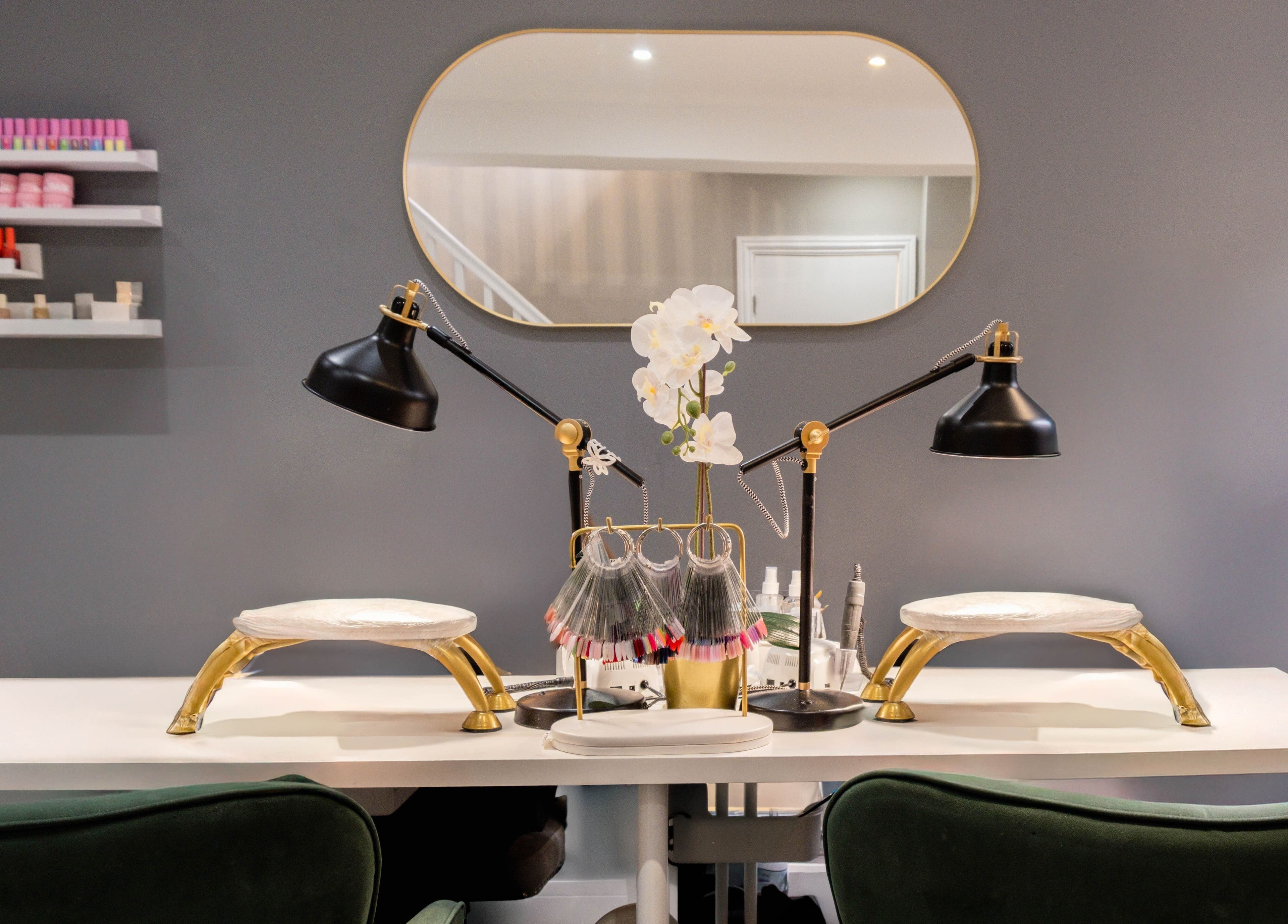 Nail station at Nogti Nails Studio Fulham, London, England, GB, with stylish decor and tools.