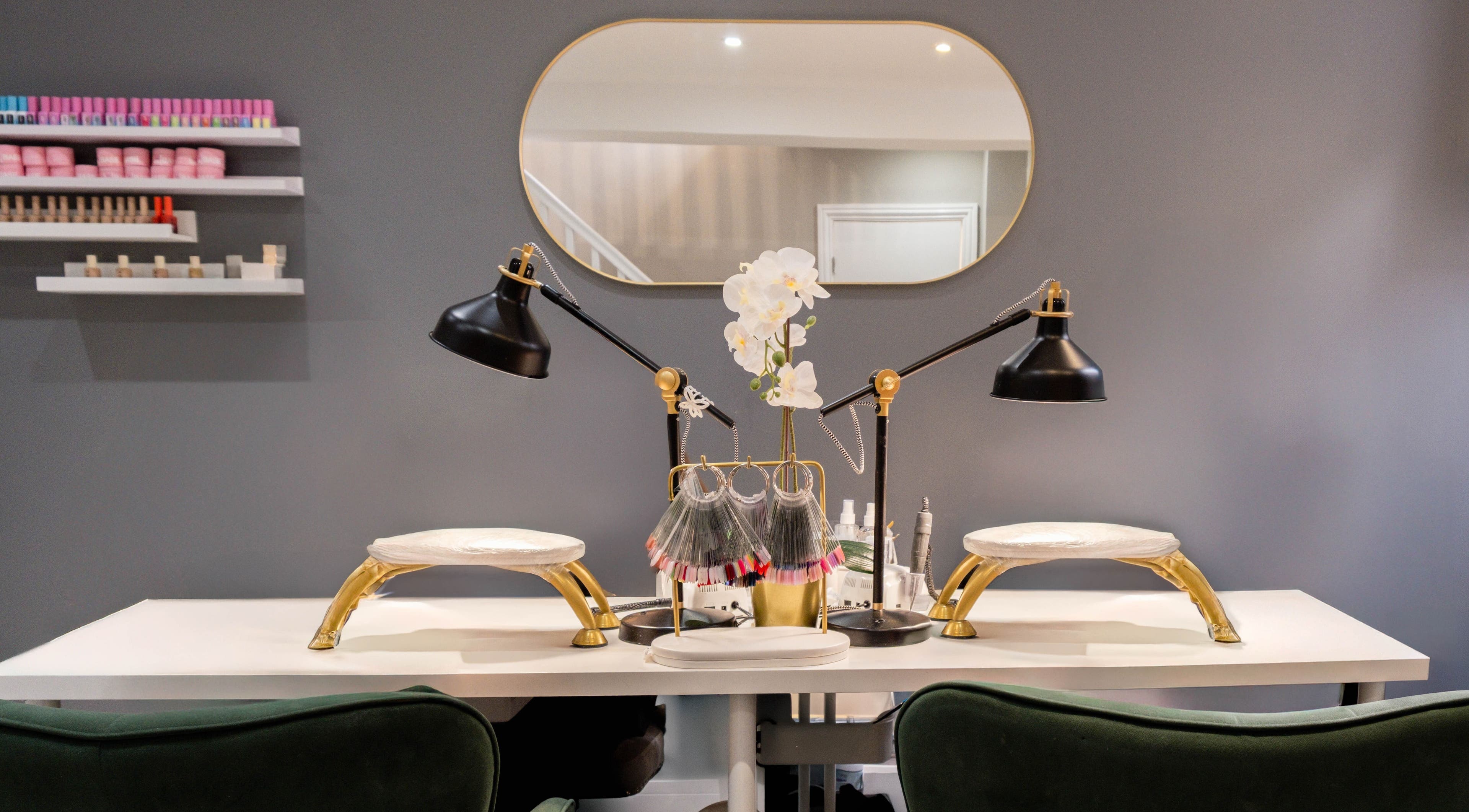 Nail station at Nogti Nails Studio Fulham, London, England, GB, with stylish decor and tools.