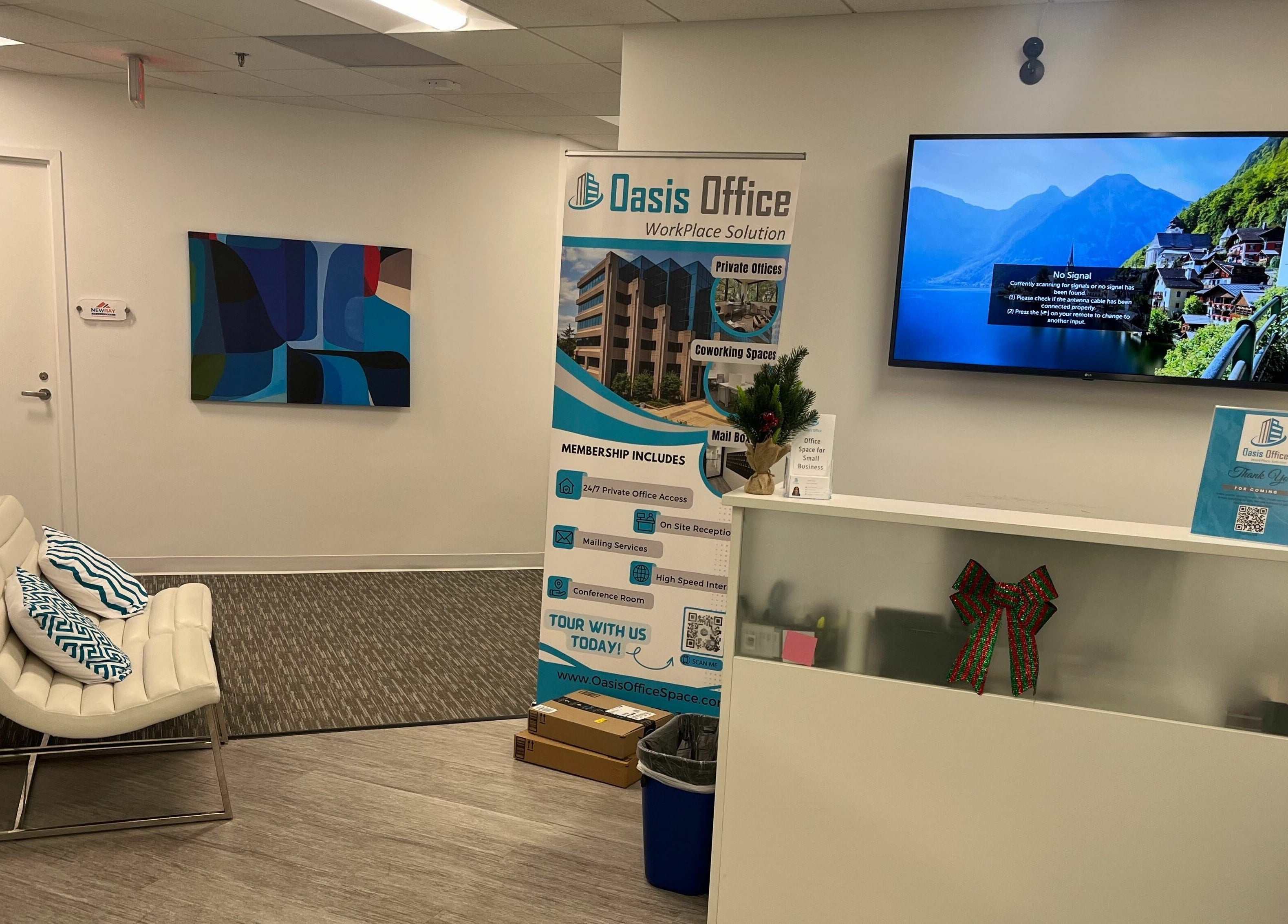 Reception area of Unique Massage Spa, Fairfax, Virginia, US featuring modern seating and office displays.
