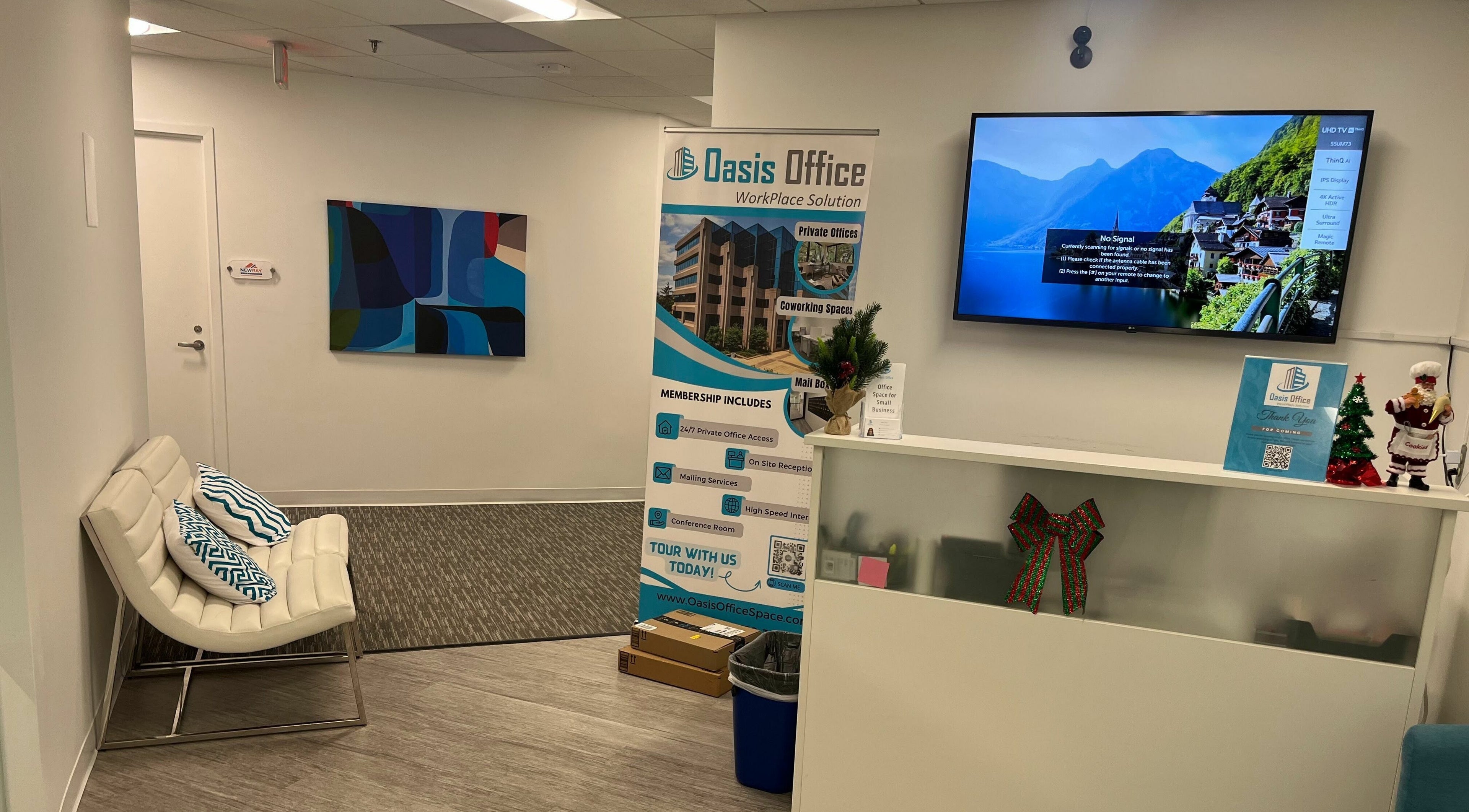 Reception area of Unique Massage Spa, Fairfax, Virginia, US featuring modern seating and office displays.