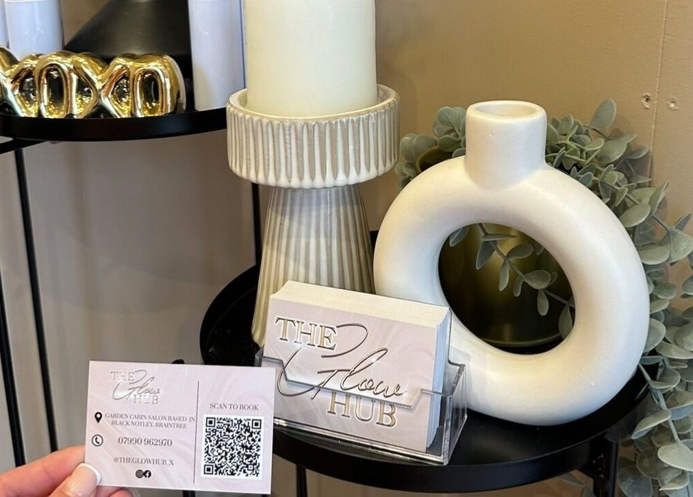 Stylish decor at The Glow Hub in Black Notley, England with elegant branding and serene ambiance.