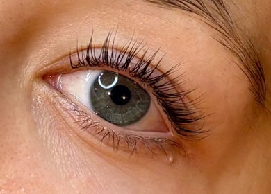 Close-up of enhanced eyelashes at Be Beautiful by Gee, Cheltenham, England, GB.
