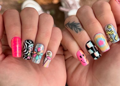 Colorful nail art designs at Be Beautiful by Gee, Cheltenham, England, GB.