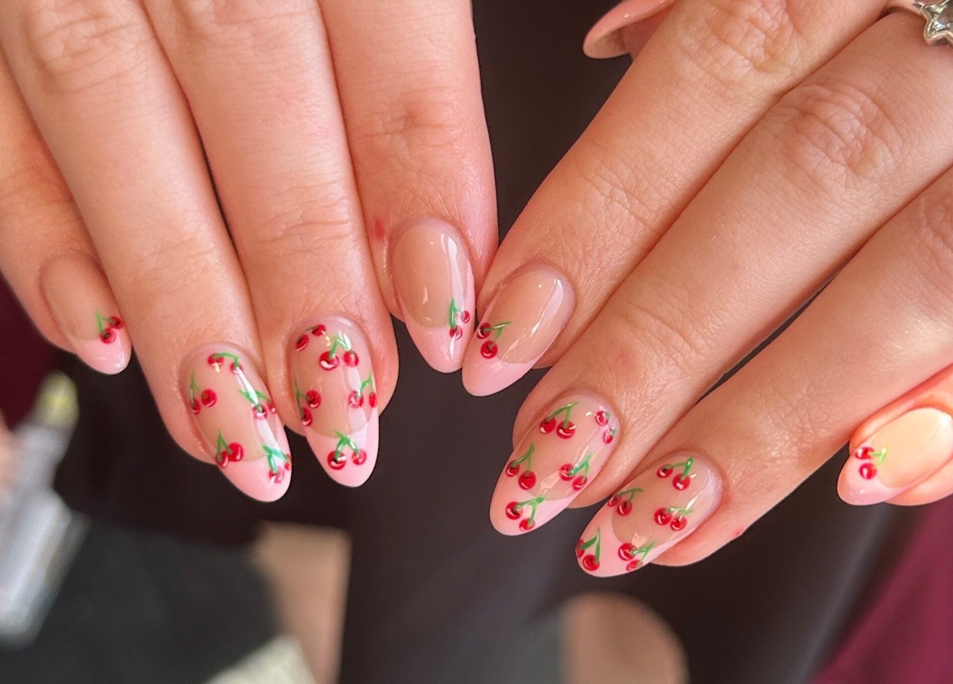 Cherry nail art at Cured by Beth, Edinburgh, Scotland, GB showcases intricate, vibrant designs.