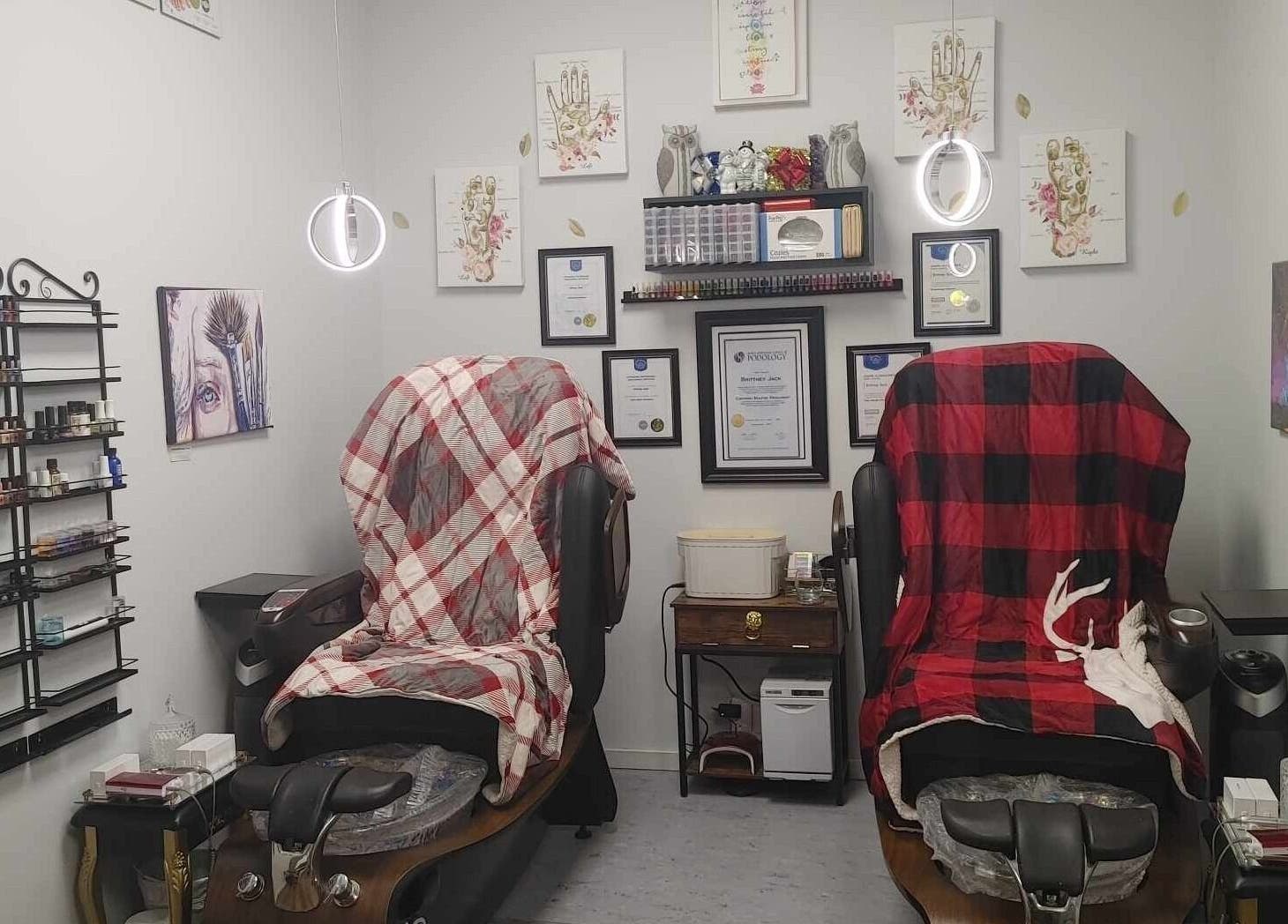 Inviting nail care chairs at Beast 2 Beauty Bar (Medi-Spa), Williams Lake, BC, offering a relaxing spa experience.