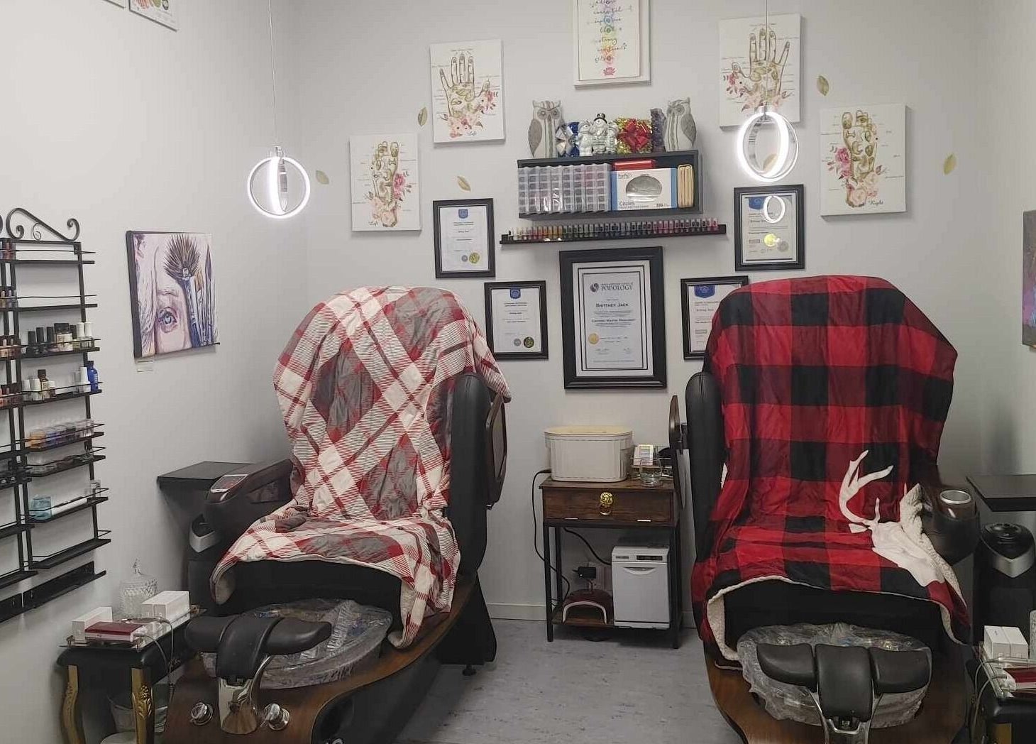 Inviting nail care chairs at Beast 2 Beauty Bar (Medi-Spa), Williams Lake, BC, offering a relaxing spa experience.
