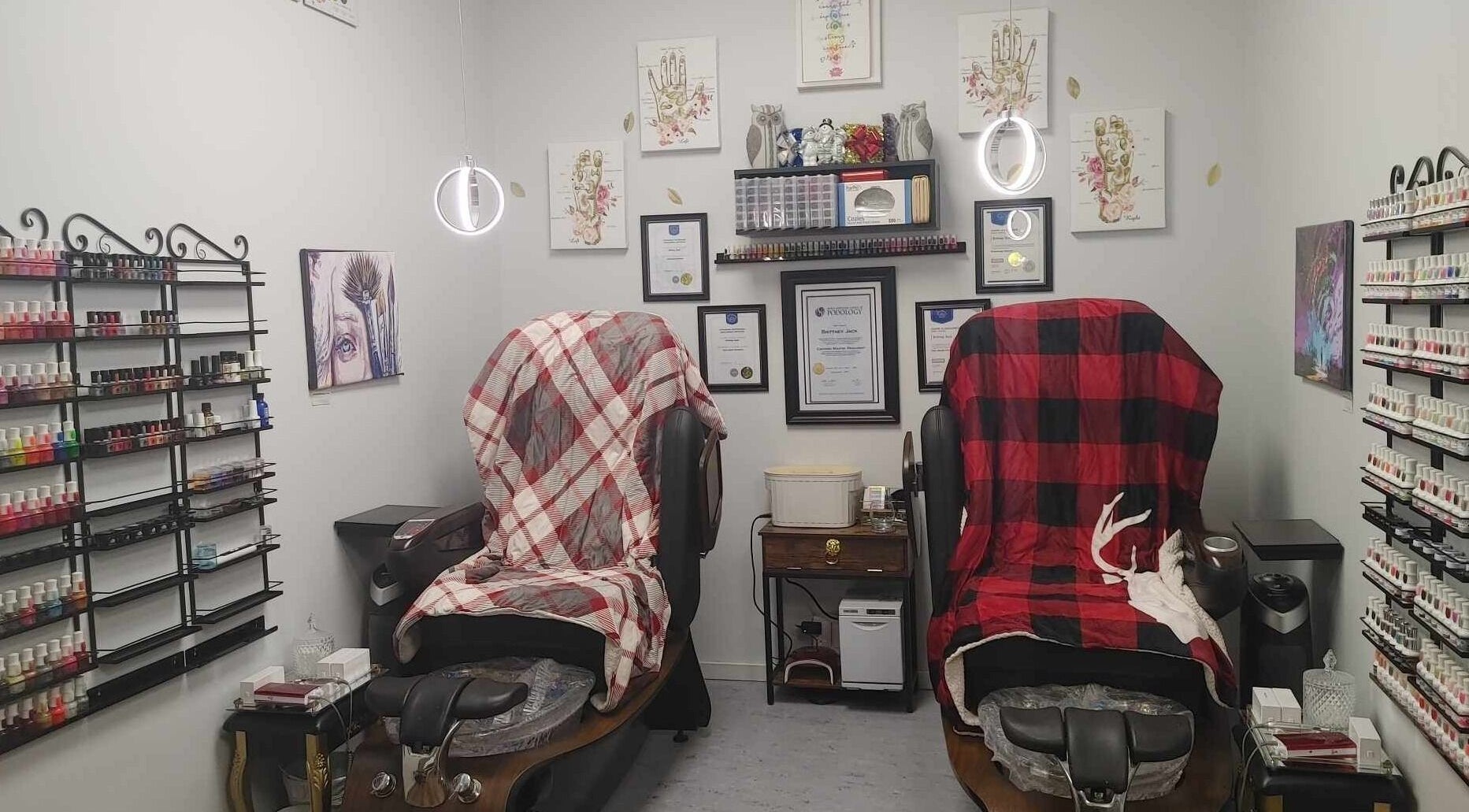 Inviting nail care chairs at Beast 2 Beauty Bar (Medi-Spa), Williams Lake, BC, offering a relaxing spa experience.