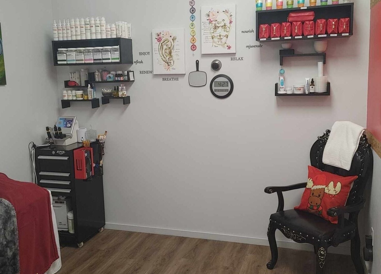 Cozy treatment room at Beast 2 Beauty Bar (Medi-Spa) in Williams Lake, BC, CA with decor and skincare products.