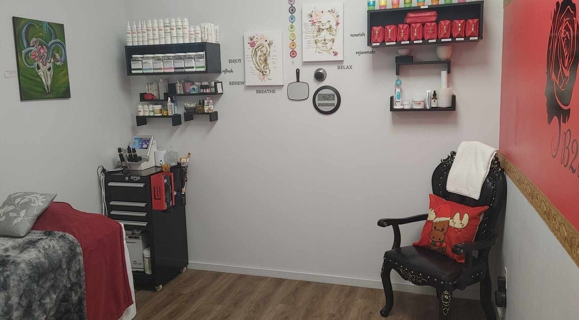 Cozy treatment room at Beast 2 Beauty Bar (Medi-Spa) in Williams Lake, BC, CA with decor and skincare products.