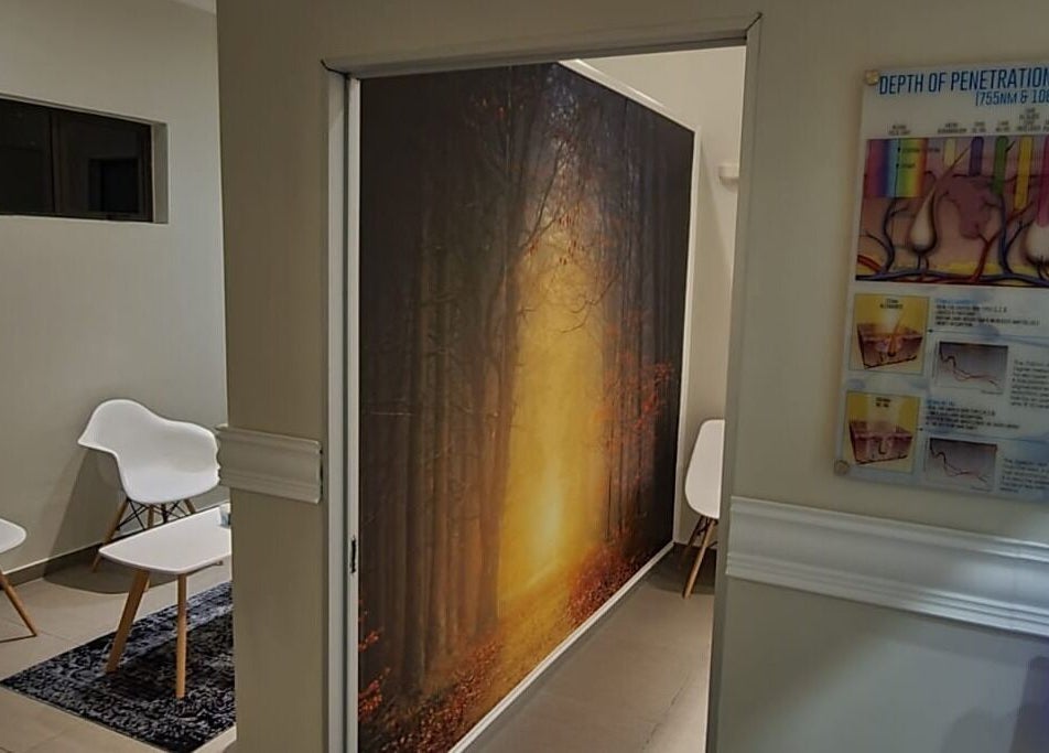 Cozy waiting area at Elite Laser Aesthetics in Randburg, Gauteng, ZA featuring forest-themed decor.