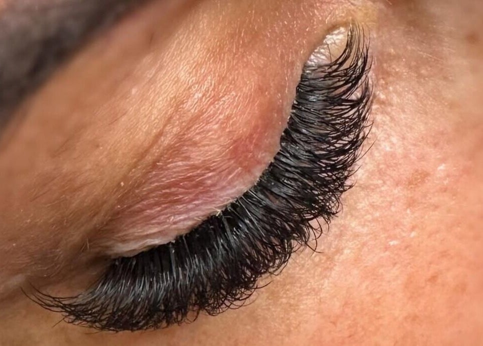 Close-up of eyelash extensions at Em’s Lashes and Beauty in Lowestoft, England, GB.