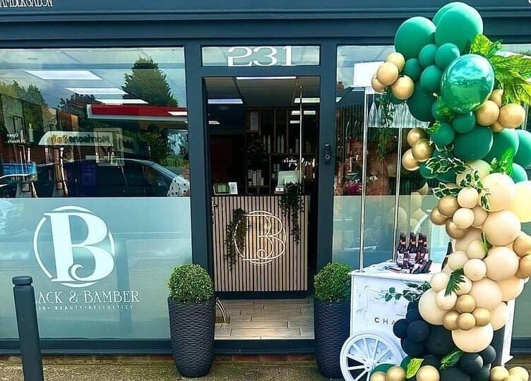 Front view of Black & Bamber in Hull, England, with decorative balloons and modern design.