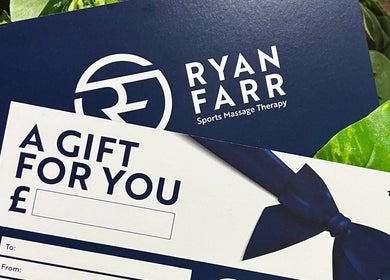 Ryan Farr Sports Massage Therapy gift voucher in Moira, Northern Ireland, GB on a leafy background.