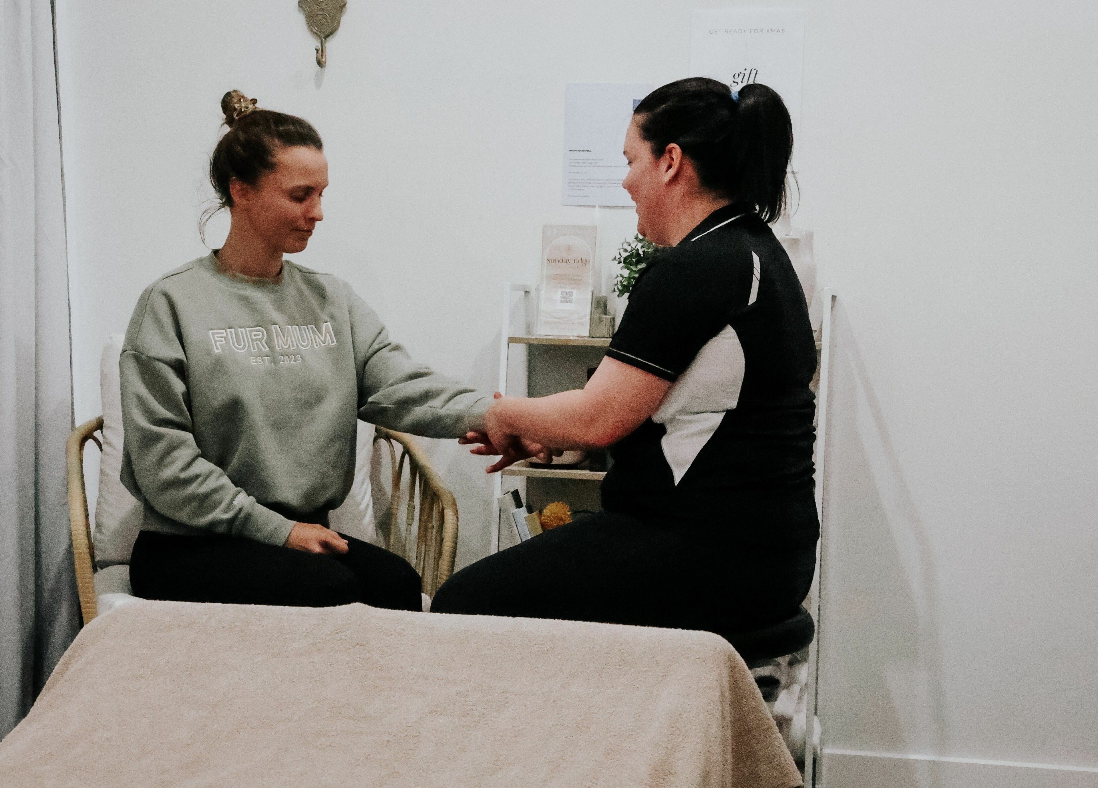 Client receiving hand massage at Sunday Ridge Remedial Massage in Simpson, Victoria, AU.