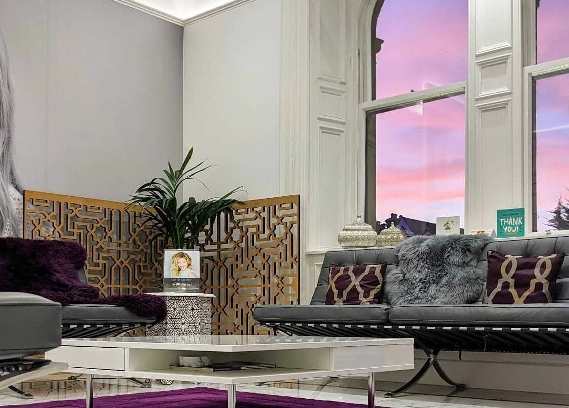 Chic lounge area at BeautiPhi Medispa in Colne, England, GB with luxurious seating and decor.