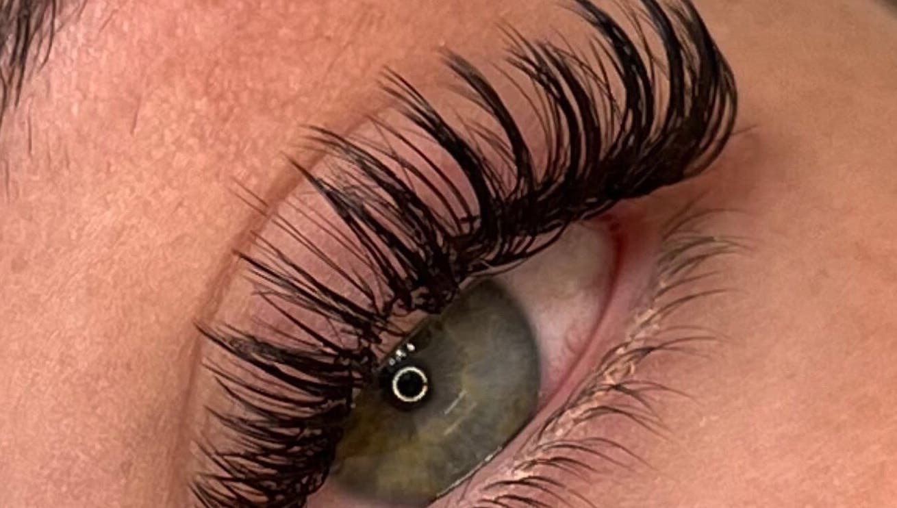 Closeup of eye with luscious lashes at Lashlab (home based), Houghton Regis, England, GB.