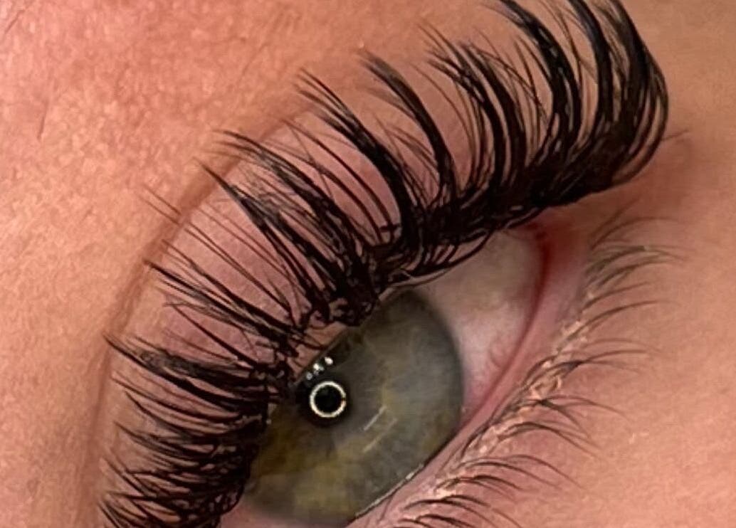 Closeup of eye with luscious lashes at Lashlab (home based), Houghton Regis, England, GB.