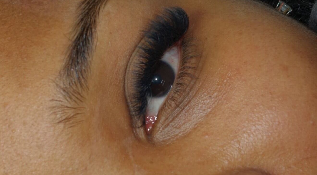 Close-up of elegant eyelashes by Lashlab (home based) in Houghton Regis, England, GB.