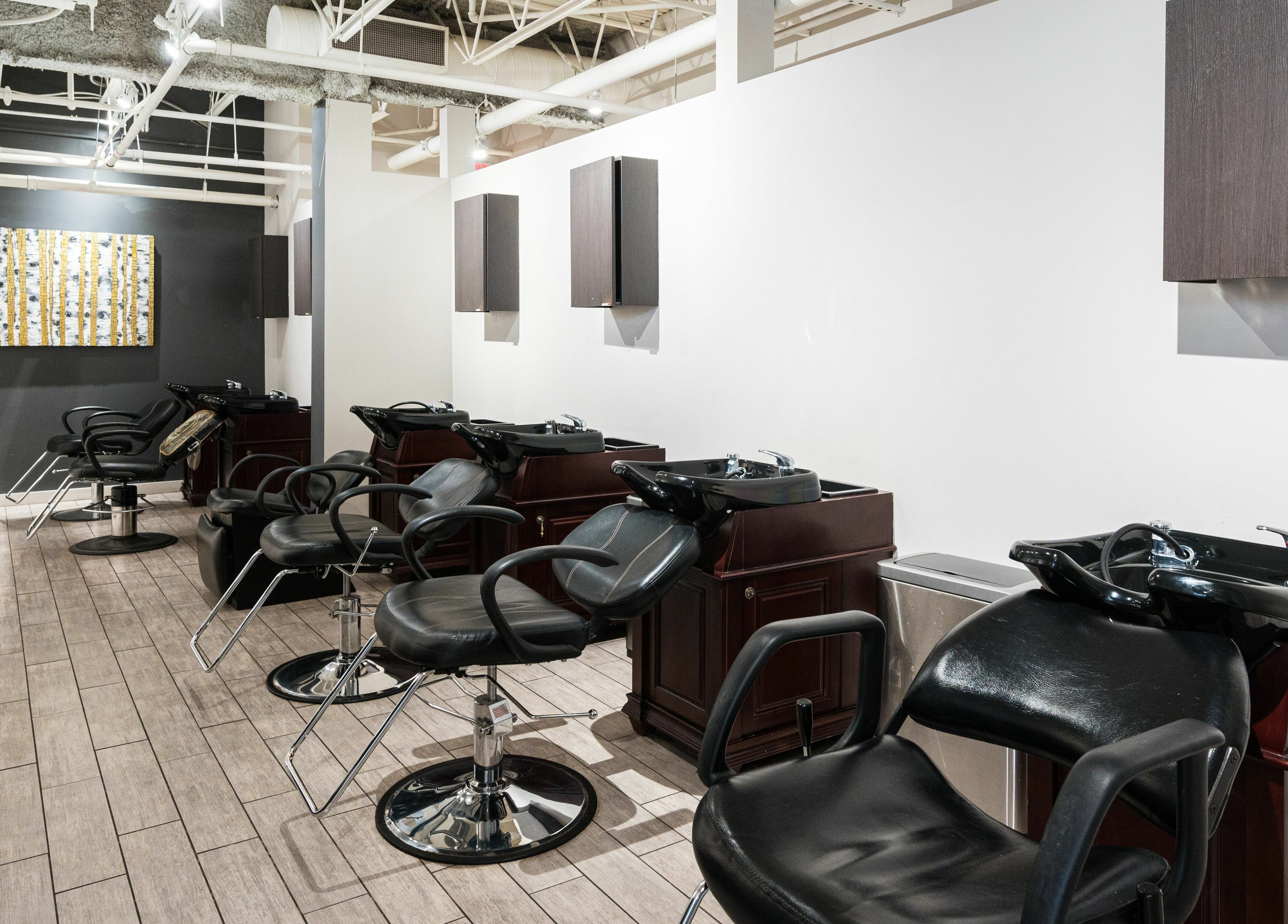 Sleek hair washing area at Sakada in Minnetonka, Minnesota, US, featuring modern salon chairs and basins.