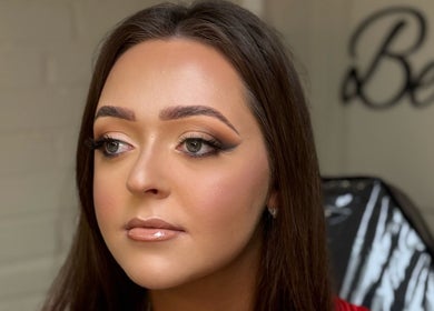 Close-up of a woman with expertly done makeup at Beauty Dolls in Basingstoke, England, GB.