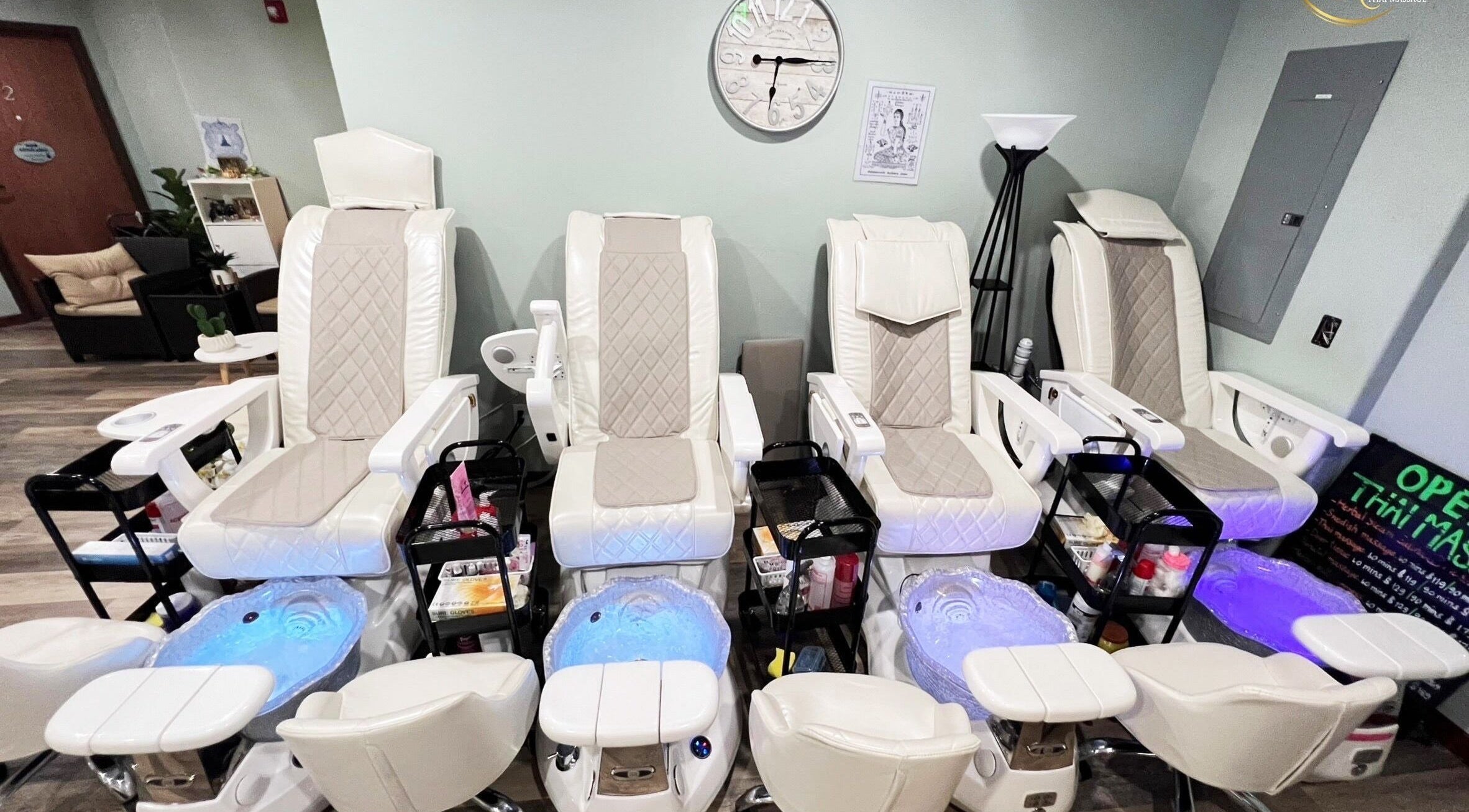 Luxurious pedicure chairs at Escape Plus Nails and Kanok Thai Massage, Steamboat Springs, Colorado, US.